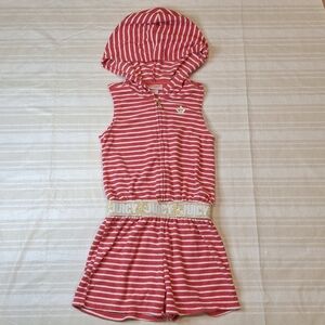 Juicy Couture Girls Zip Romper Hoodie Sz 7 CORAL /White Striped Terry Cloth Gold